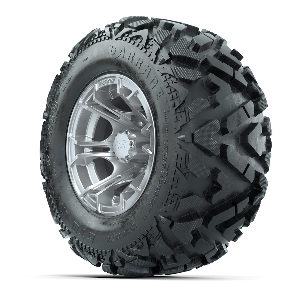 GTW Spyder Silver Brush 10 in Wheels with 20x10-10 Barrage Mud Tires – Full Set