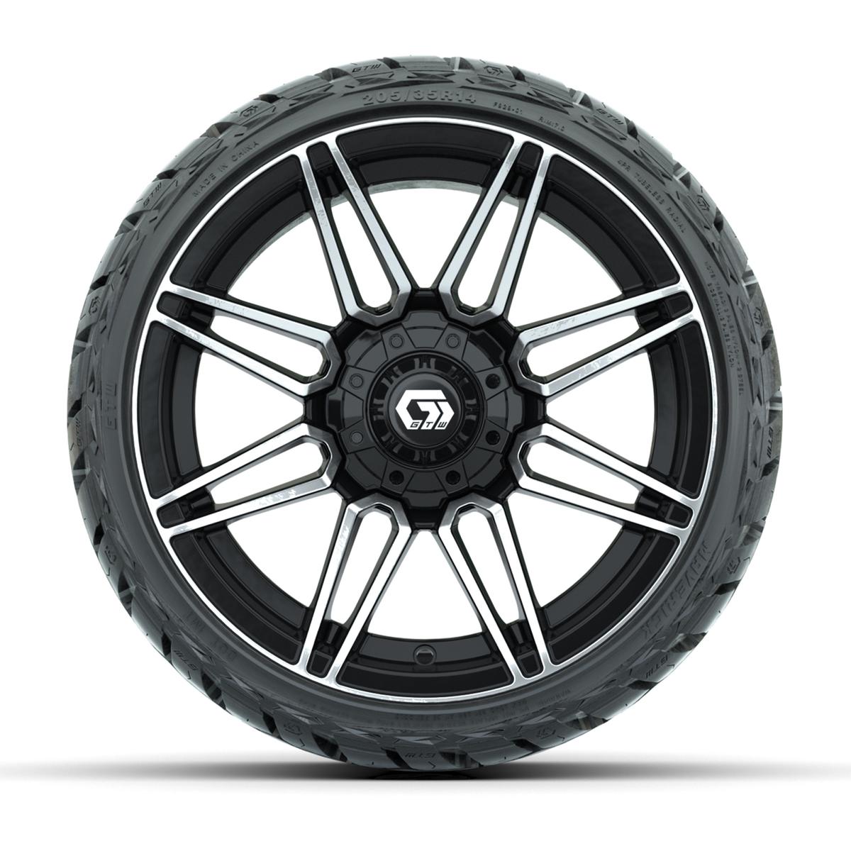 GTW Stealth Gloss Black/Machined 14 in Wheels with 205/35-R14 Maverick Low-Profile All-Terrain Tires – Full Set