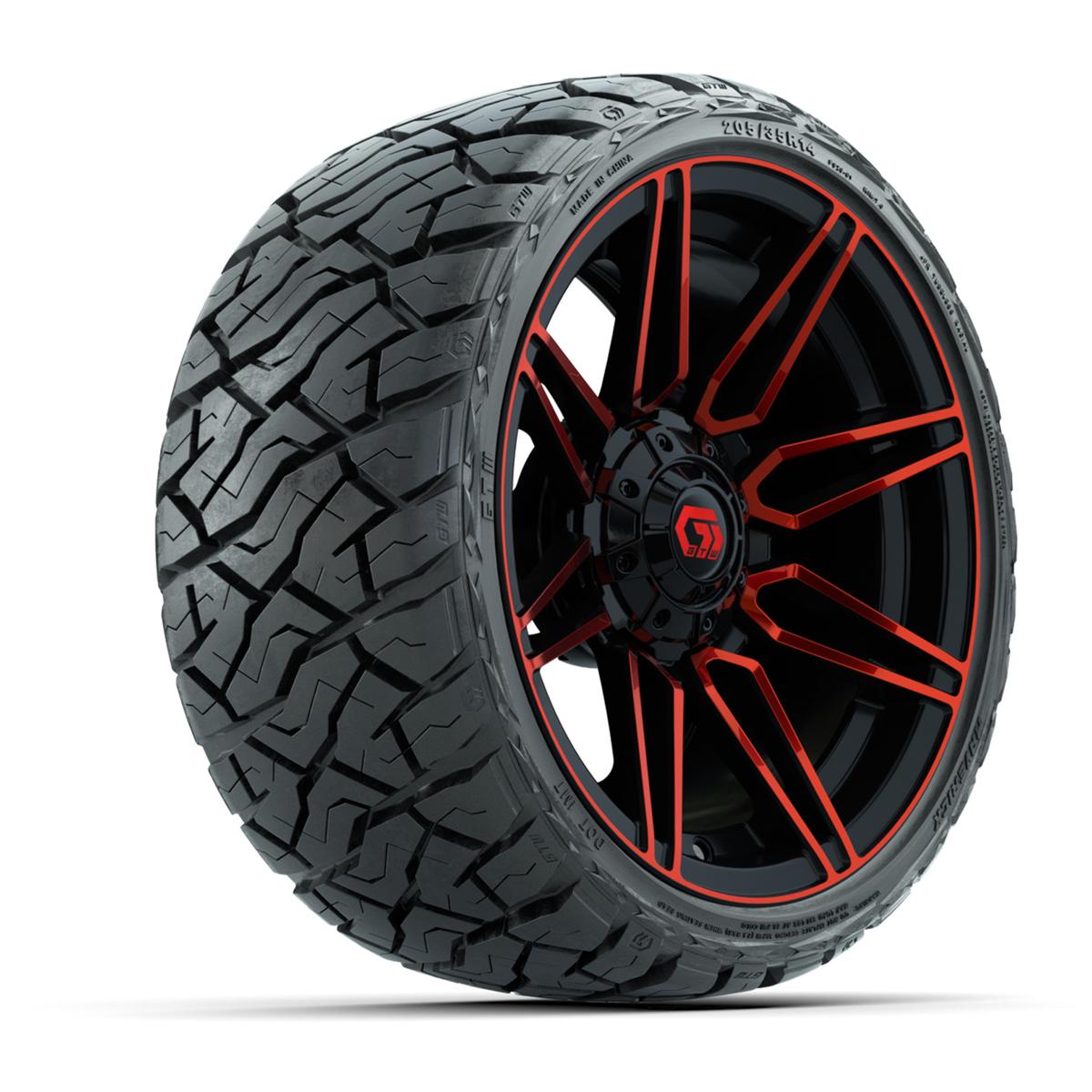 GTW Stealth Gloss Black/Red 14 in Wheels with 205/35-R14 Maverick Low-Profile All-Terrain Tires – Full Set