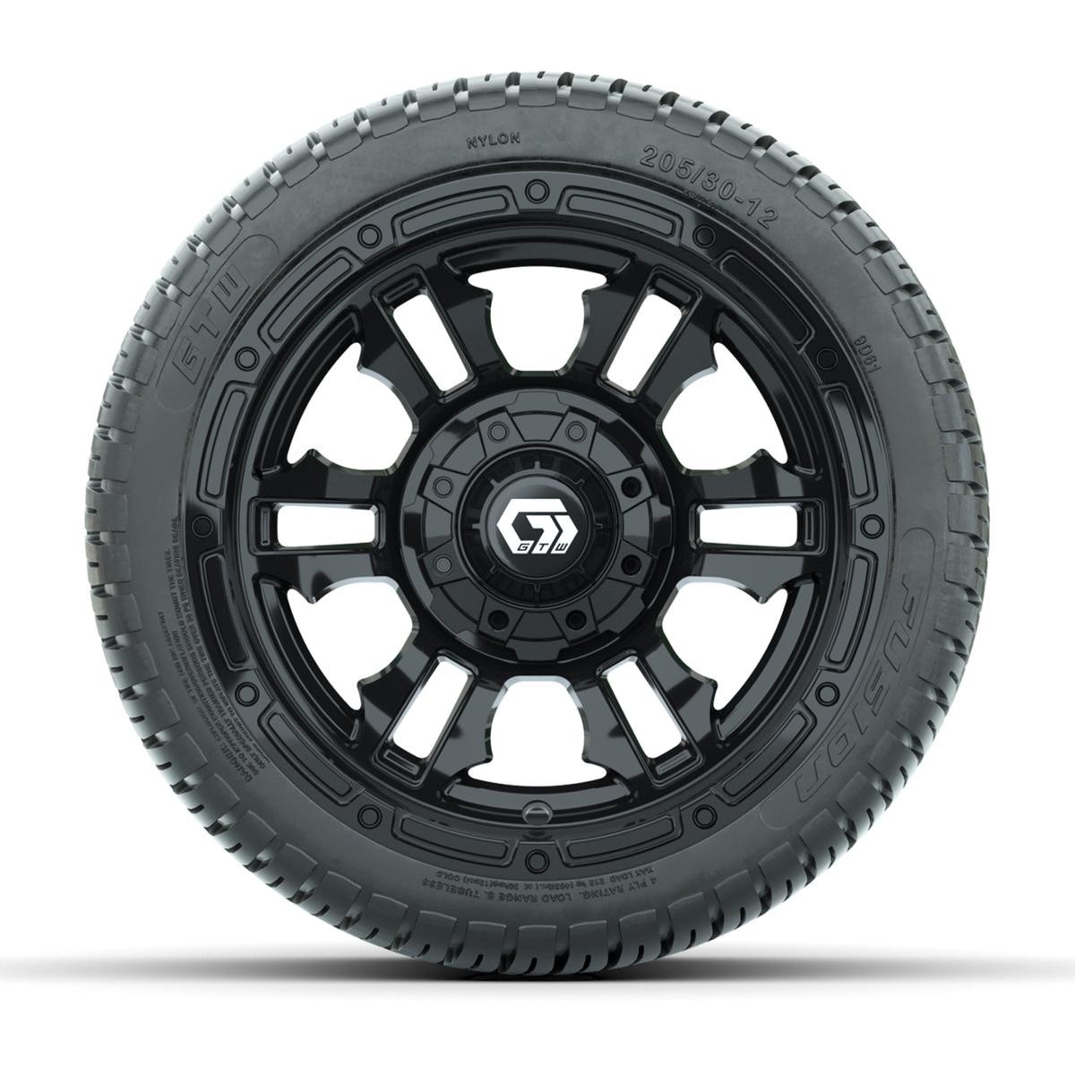 GTW&reg; Shogun Gloss Black 12 in Wheels with 205/30-12 Fusion Street Tires – Full Set