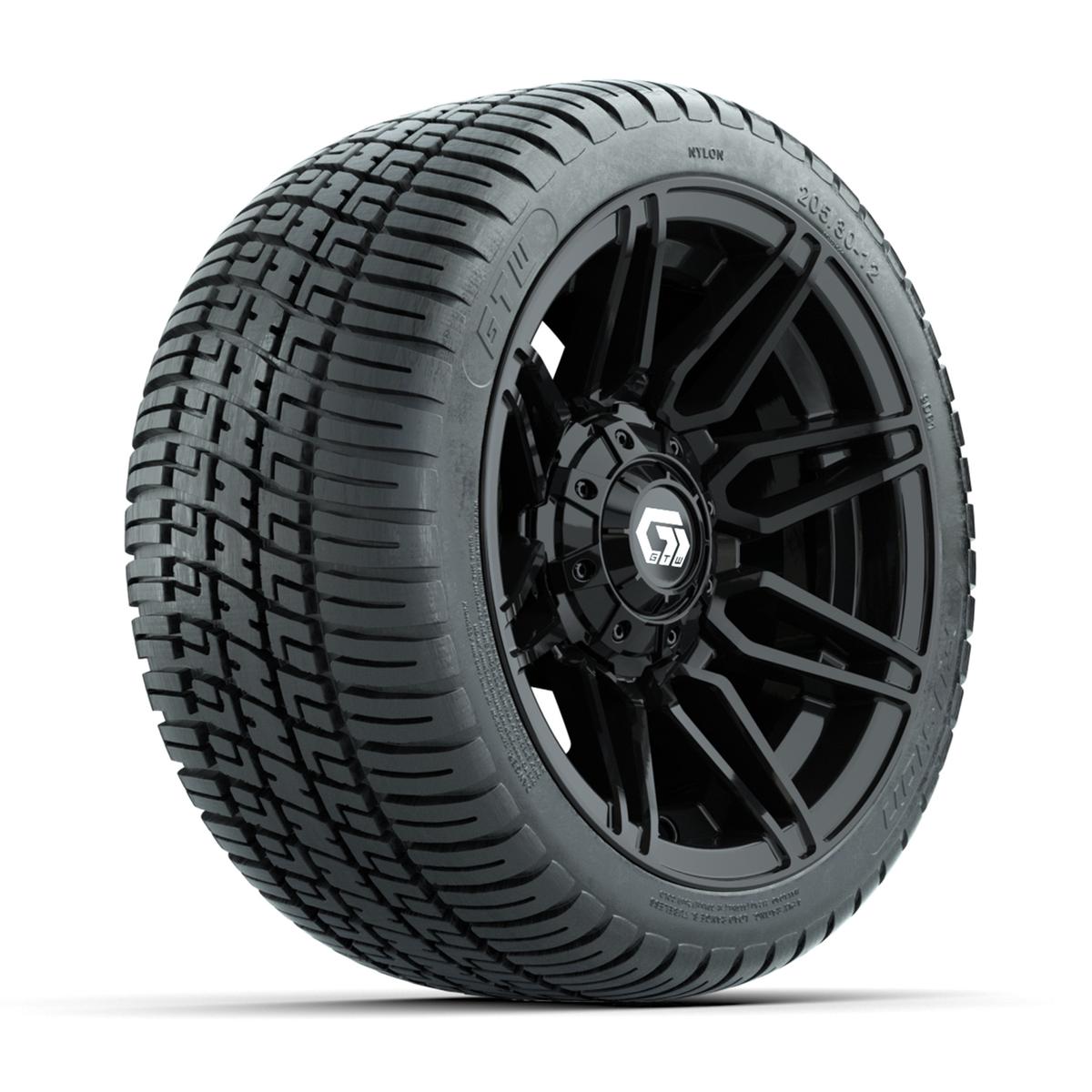 GTW&reg; Stealth Black/Machined 12 in Wheels with 205/30-12 Fusion Street Tires – Full Set