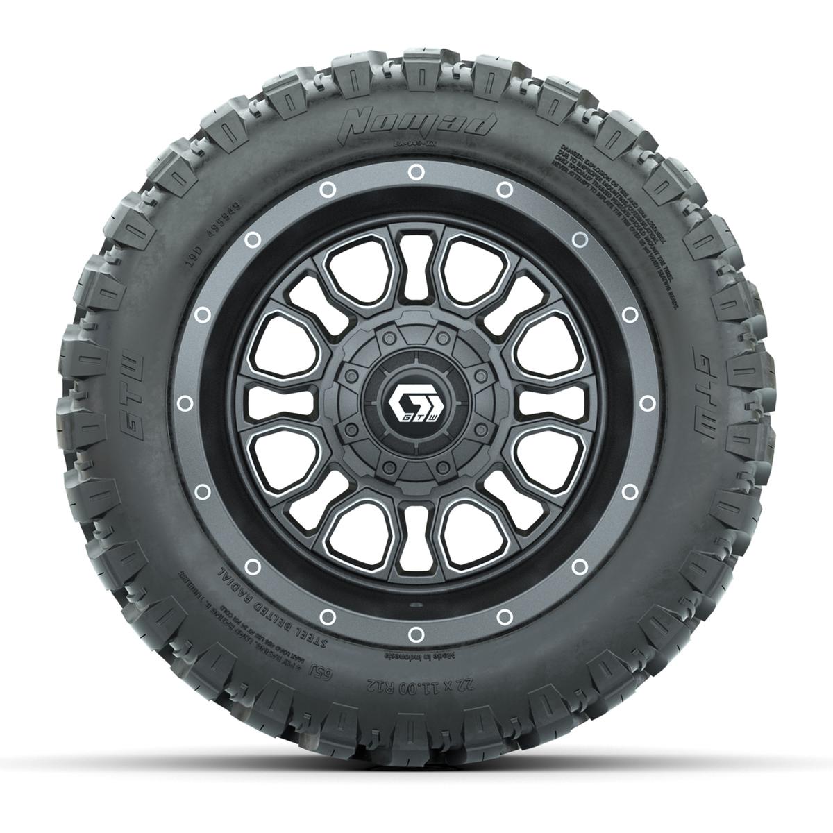GTW Volt Gunmetal/Machined 12 in Wheels with 22x11-R12 Nomad All Terrain Tires – Full Set