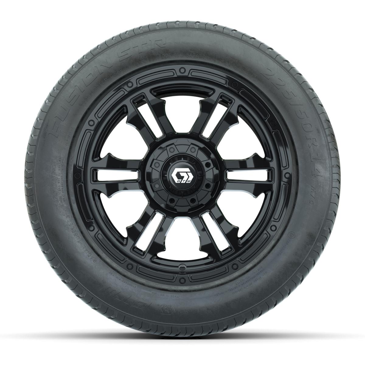 GTW&reg; Shogun Gloss Black 14 in Wheels with 255/50-R14 Fusion STR DOT Approved Street Tires - Full Set