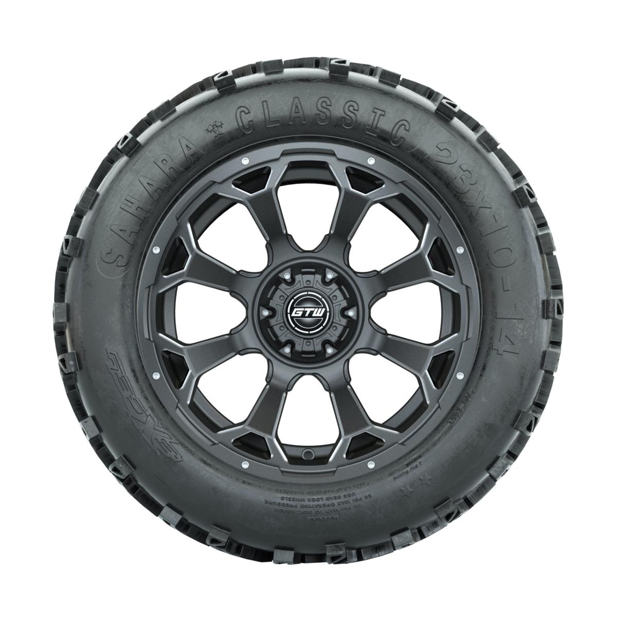 Set of (4) 14 Inch GTW Raven Matte Gray Wheels with Sahara Classic All Terrain Tires