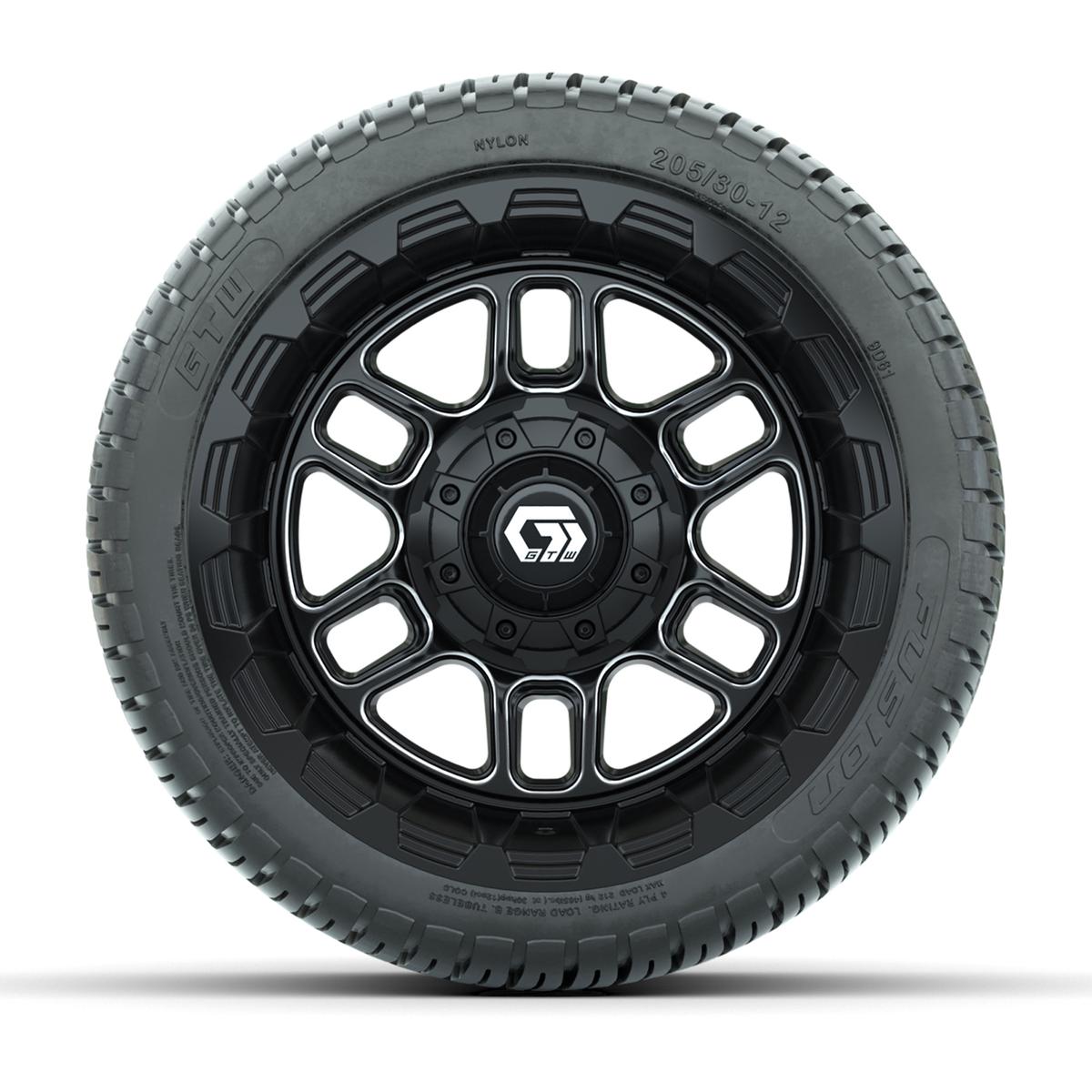 GTW&reg; Titan Black/Machined 12 in Wheels with 205/30-12 Fusion Street Tires – Full Set