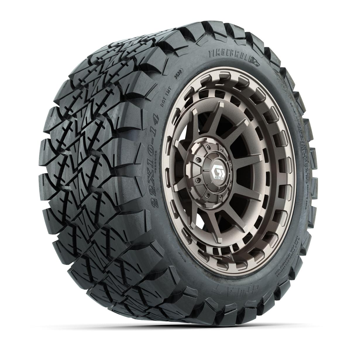 GTW® Barricade Satin Bronze 14 in Wheels with 22x10-14 Timberwolf All-Terrain Tires – Full Set