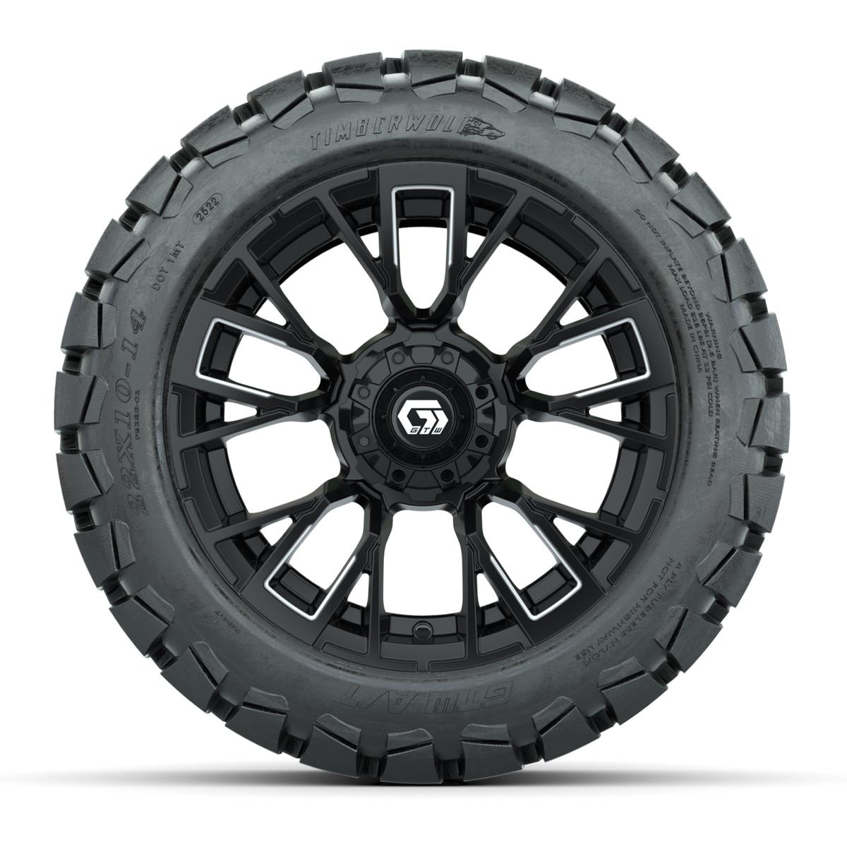 GTW® Vandal Matte Black/Machined 14 in Wheels with 22x10-14 Timberwolf All-Terrain Tires – Full Set