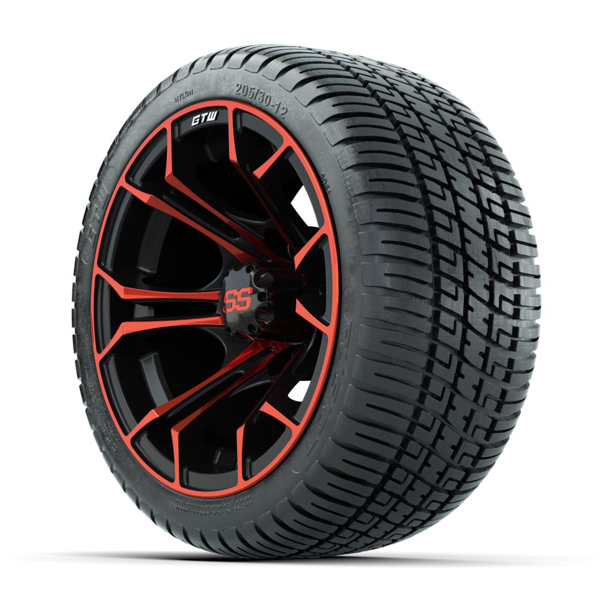 GTW&reg; Spyder Black/Red 12 in Wheels with 205/30-12 Fusion Street Tires – Full Set