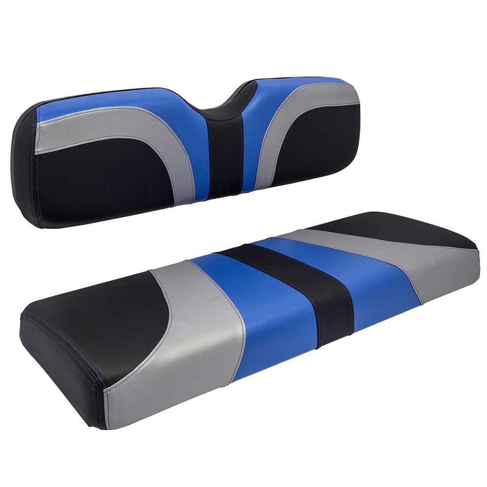 RedDot&reg; Blade Front Seat Covers for EZGO TXT/T48/RXV – Alpha Blue / Silver / Black Carbon Fiber