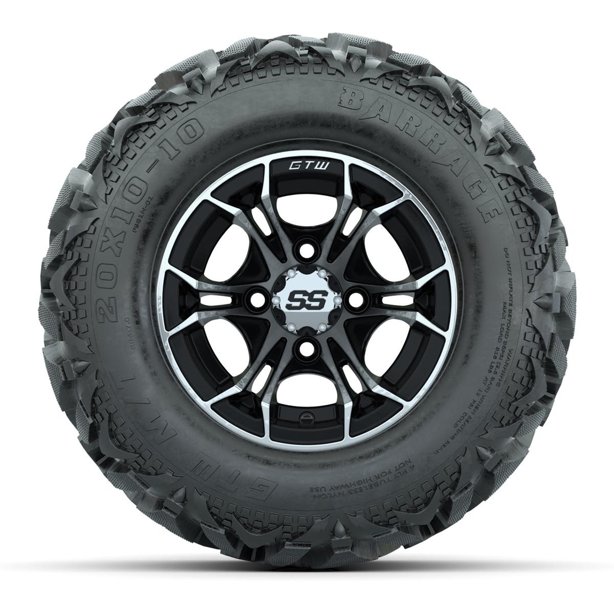 GTW Spyder Machined/Black 10 in Wheels with 20x10-10 Barrage Mud Tires – Full Set