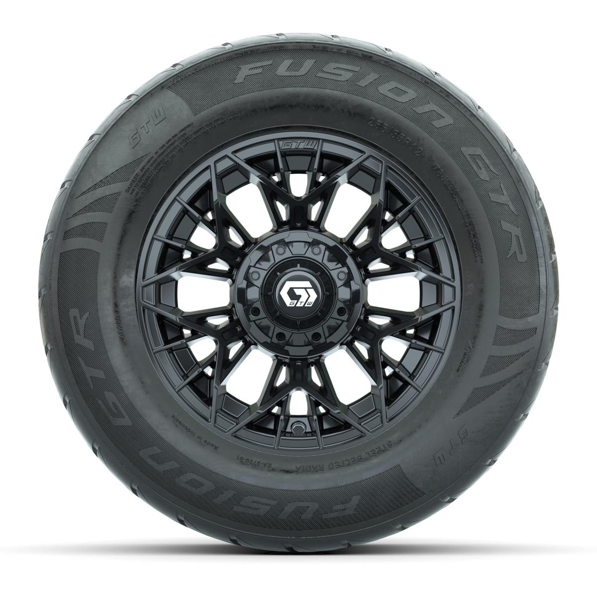 GTW&reg; Stellar Black 12 in Wheels with 255/55-R12 Fusion GTR Steel Belt Radial Street Tires – Full Set