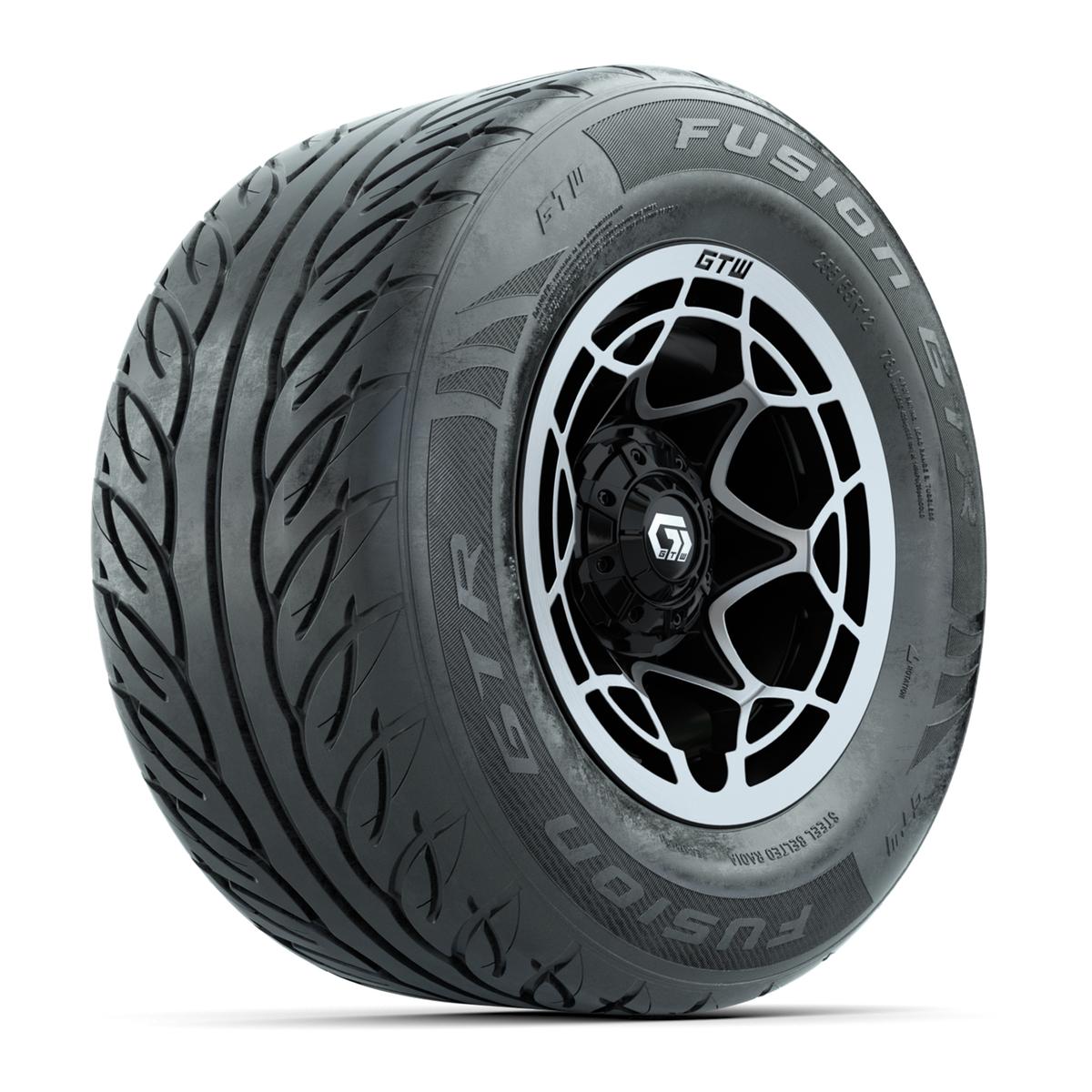 GTW&reg; Nexus Black with Silver Face 12 in Wheels with 255/55-R12 Fusion GTR Steel Belt Radial Street Tires – Full Set