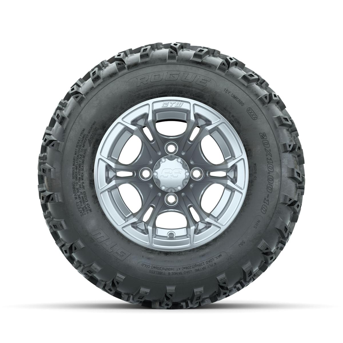 GTW Spyder Silver 10 in Wheels with 20x10.00-10 Rogue All Terrain Tires – Full Set
