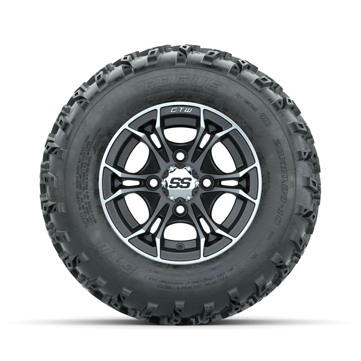 GTW Spyder Machined/Matte Grey 10 in Wheels with 20x10.00-10 Rogue All Terrain Tires – Full Set