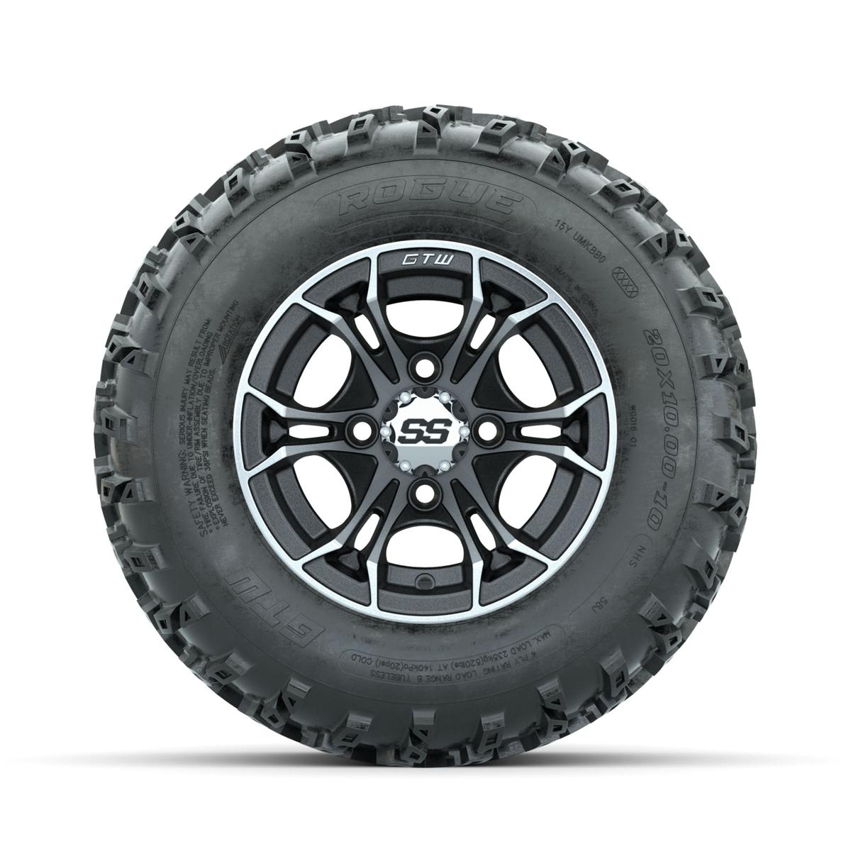 GTW Spyder Machined/Matte Grey 10 in Wheels with 20x10.00-10 Rogue All Terrain Tires – Full Set