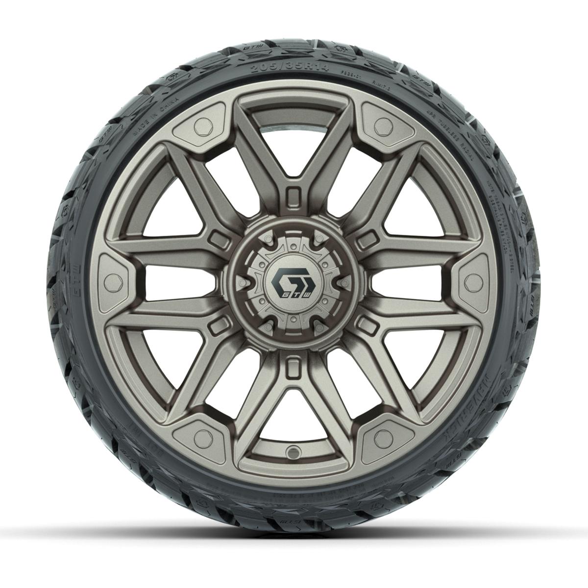 GTW Graffiti Satin Bronze/Black 14 in Wheels with 205/35-R14 Maverick Low-Profile All-Terrain Tires – Full Set