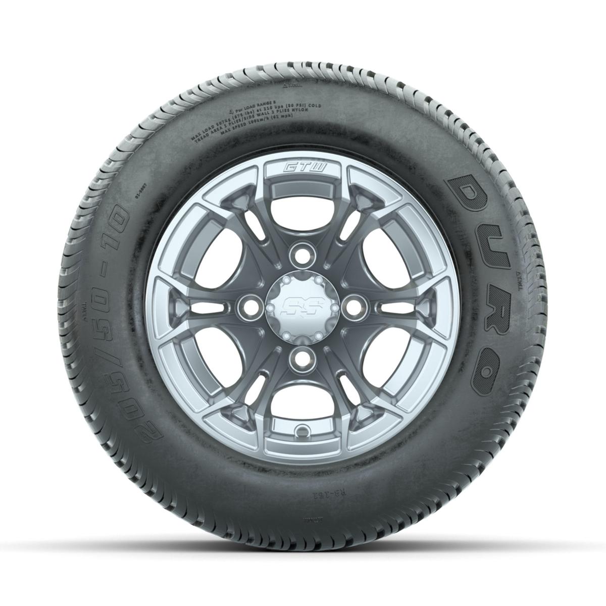 GTW Spyder Silver Brush 10 in Wheels with 205/50-10 Duro Low-profile Tires – Full Set