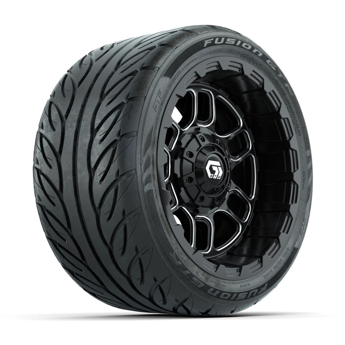 GTW&reg; Titan Black/Machined 12 in Wheels with 215/40-R12 Fusion GTR Steel Belt Radial Street Tires – Full Set
