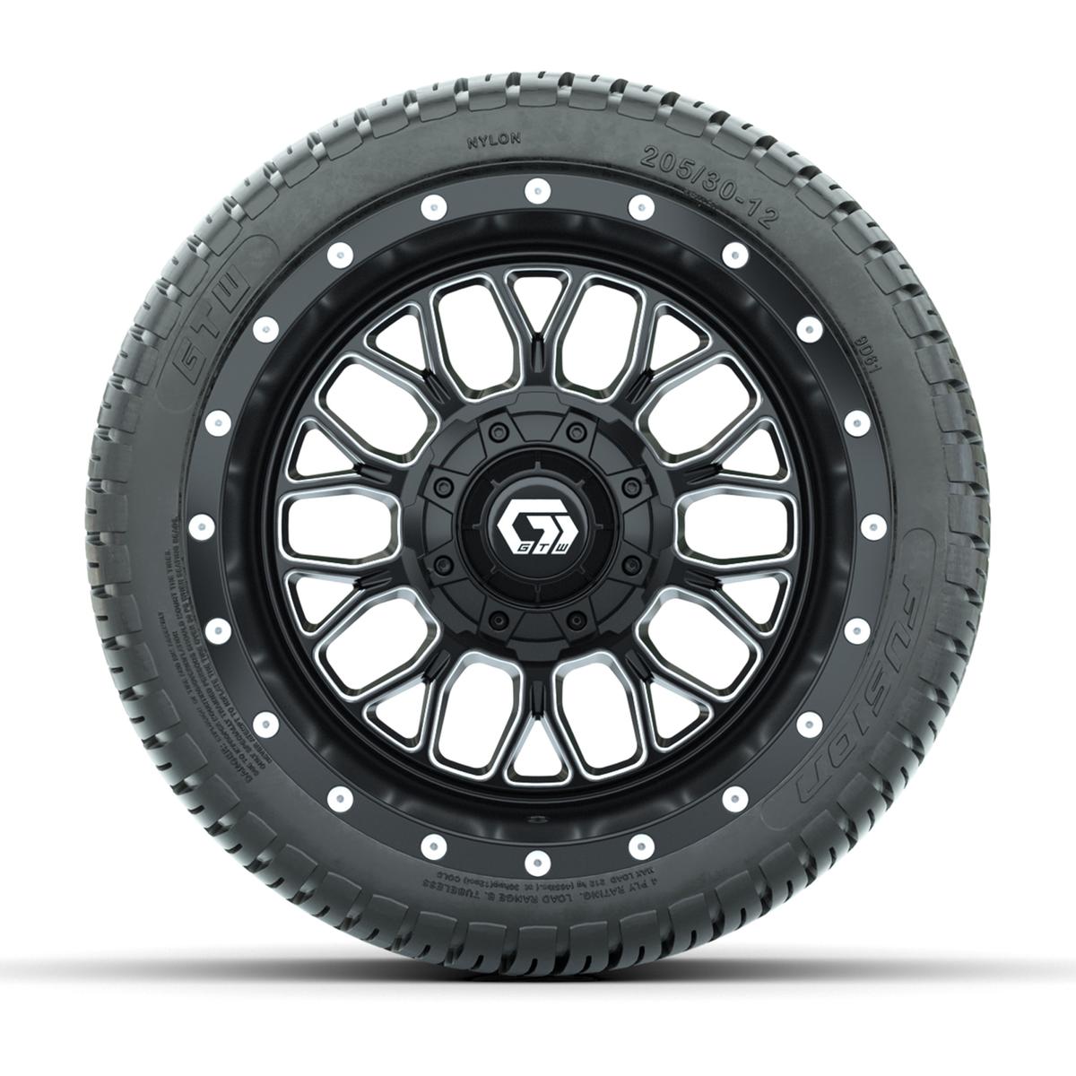 GTW&reg; Helix Black/Machined 12 in Wheels with 205/30-12 Fusion Street Tires – Full Set