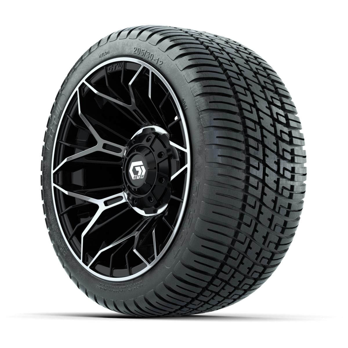 GTW&reg; Stellar Black/Machined 12 in Wheels with 205/30-12 Fusion Street Tires – Full Set