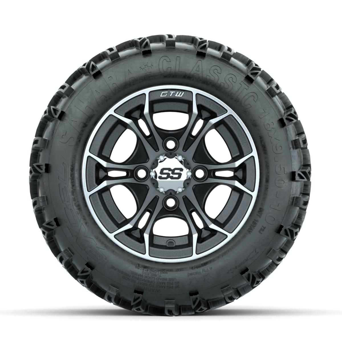 GTW Spyder Machined/Matte Grey 10 in Wheels with 18x9.50-10 Sahara Classic All Terrain Tires – Full Set