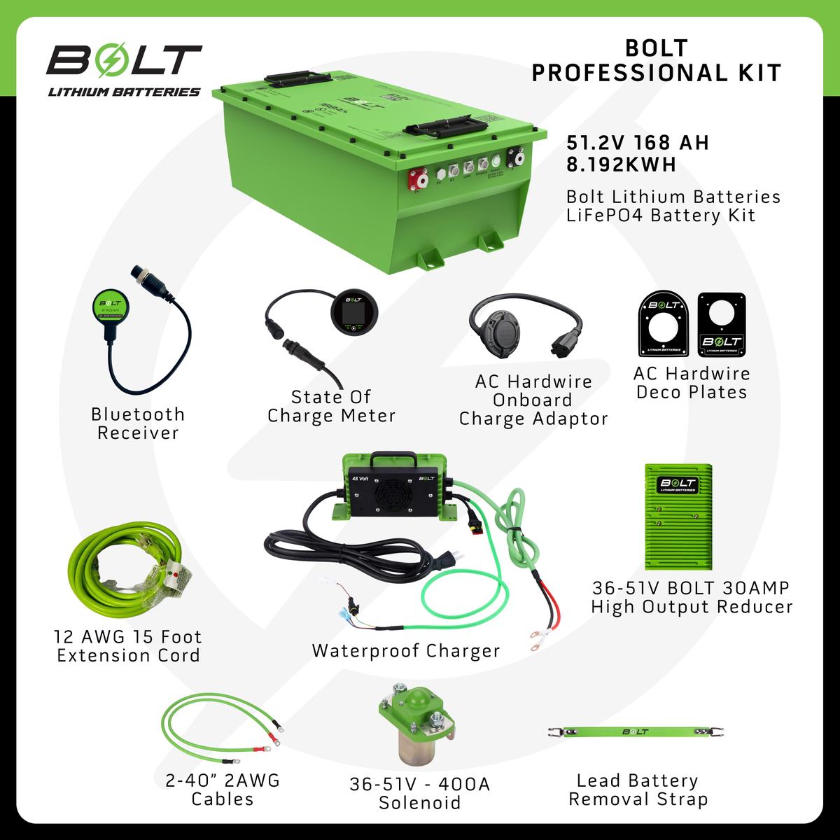 Bolt Energy Club Car Onward, Tempo, Precedent, DS (48V), Villager 51.2V 168AH Heated Professional Battery Kit