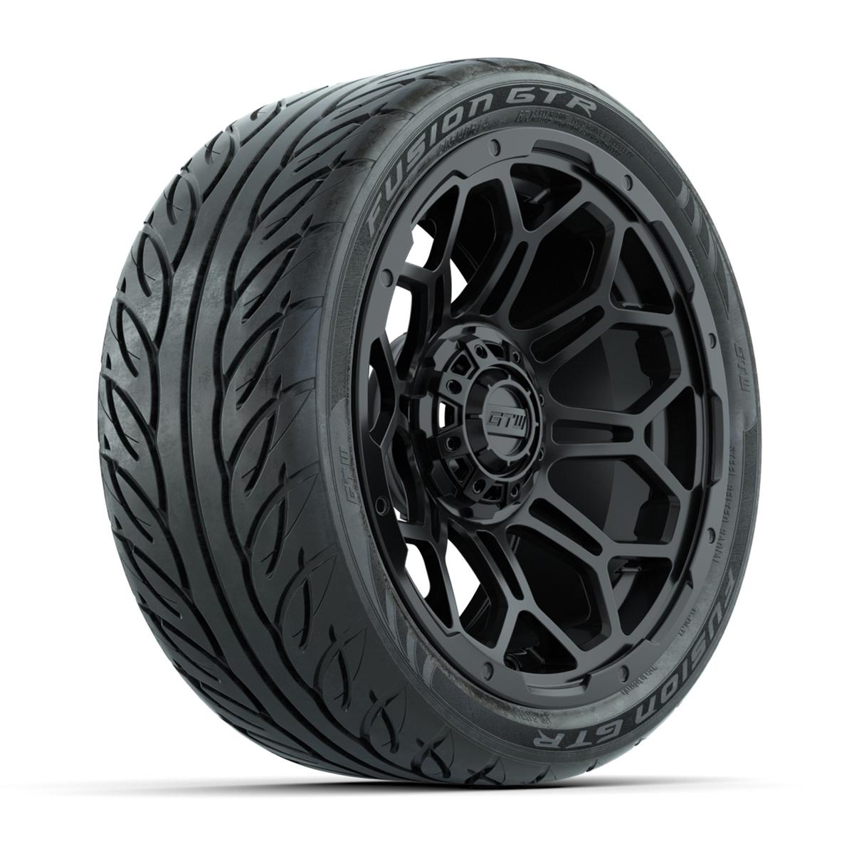 GTW&reg; Bravo Matte Black 14 in Wheels with 205/40-R14 Fusion GTR Steel Belt Radial Street Tires – Full Set