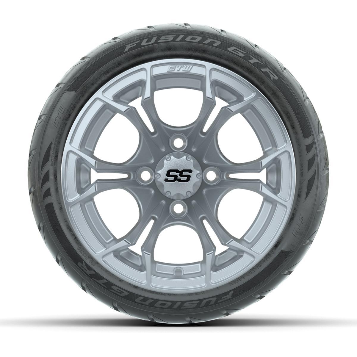 GTW&reg; Spyder Silver Brush 12 in Wheels with 215/40-R12 Fusion GTR Steel Belt Radial Street Tires – Full Set