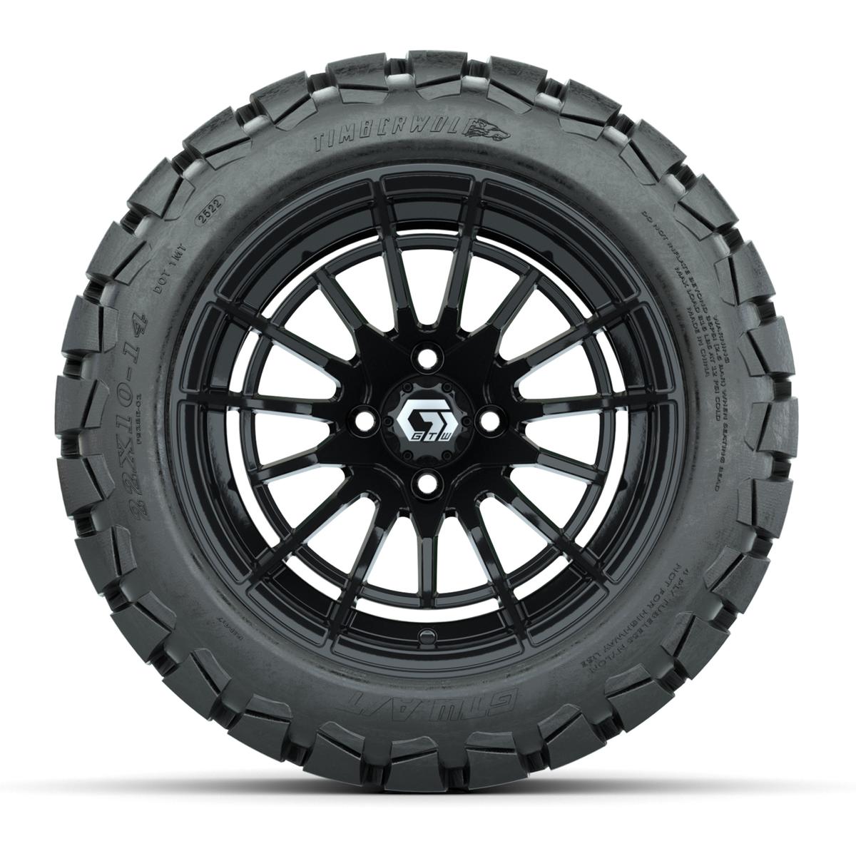 GTW® Boost Gloss Black 14 in Wheels with 22x10-14 Timberwolf All-Terrain Tires – Full Set