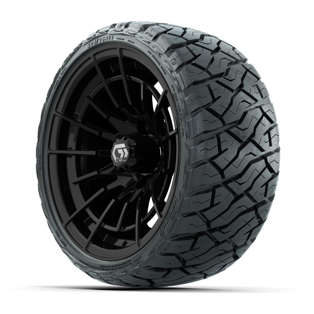GTW Boost Gloss Black 14 in Wheels with 205/35-R14 Maverick Low-Profile All-Terrain Tires – Full Set