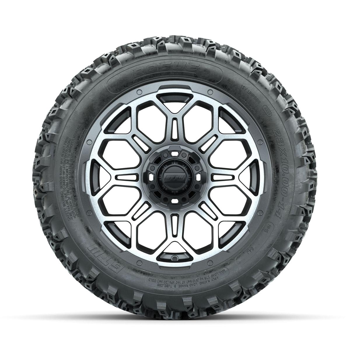 GTW Bravo Machined/Matte Grey 14 in Wheels with 23x10.00-14 Rogue All Terrain Tires – Full Set