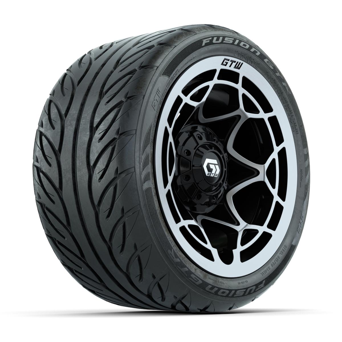 GTW&reg; Nexus Black with Silver Face 12 in Wheels with 215/40-R12 Fusion GTR Steel Belt Radial Street Tires – Full Set