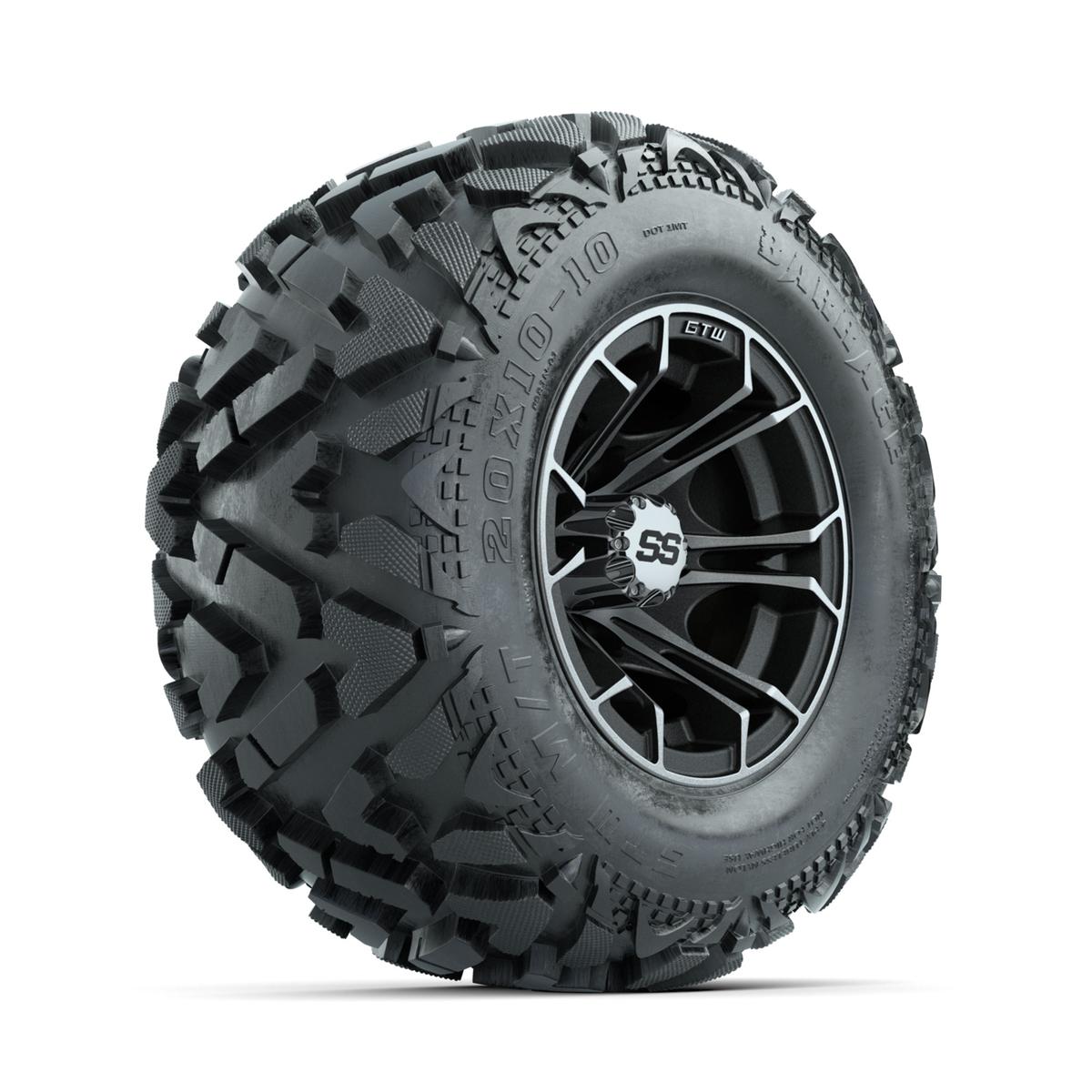 GTW Spyder Machined/Matte Grey 10 in Wheels with 20x10-10 Barrage Mud Tires – Full Set