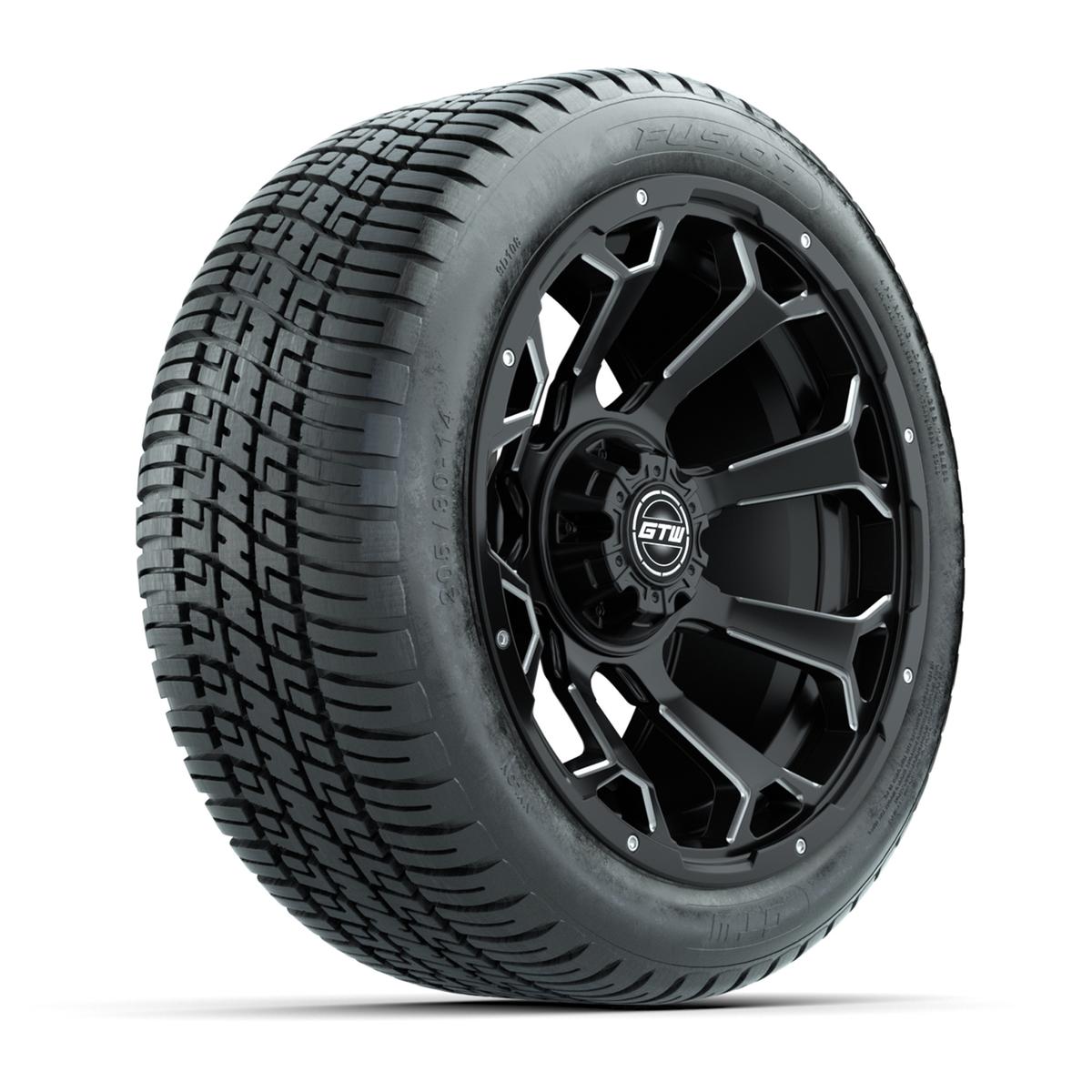 GTW&reg; Raven Matte Black/Ball Milled 14 in Wheels with 205/30-R14 Fusion Street Tires – Full Set