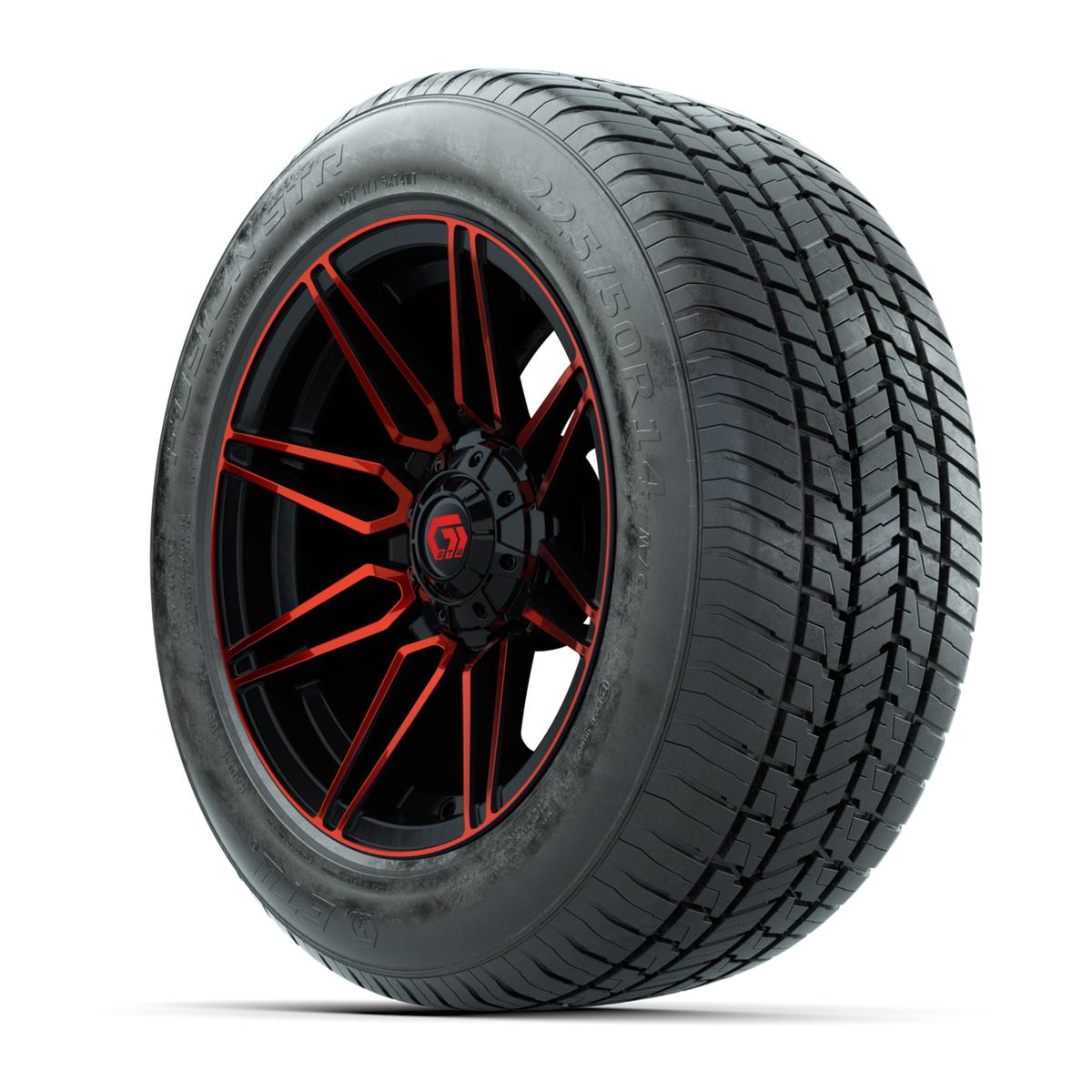 GTW&reg; Stealth Gloss Black and Red 14 in Wheels with 255/50-R14 Fusion STR DOT Approved Street Tires - Full Set