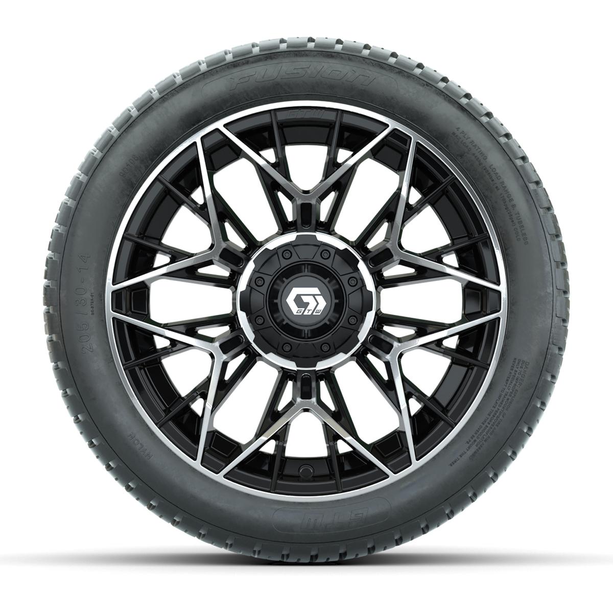 GTW&reg; Stellar Black/Machined 14 in Wheels with 205/30-R14 Fusion Street Tires – Full Set