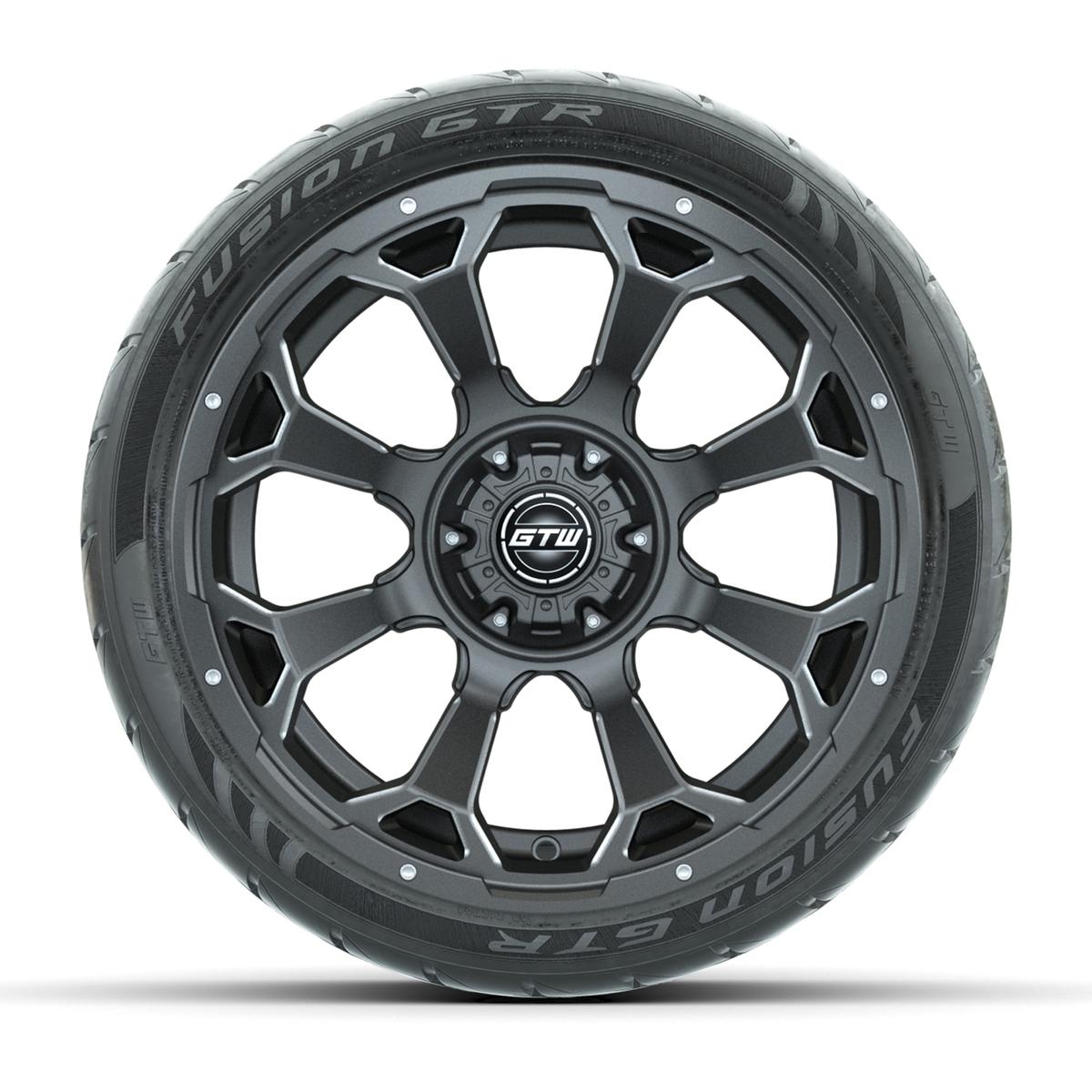 GTW&reg; Raven Matte Gray/Ball Milled 14 in Wheels with 205/40-R14 Fusion GTR Steel Belt Radial Street Tires – Full Set