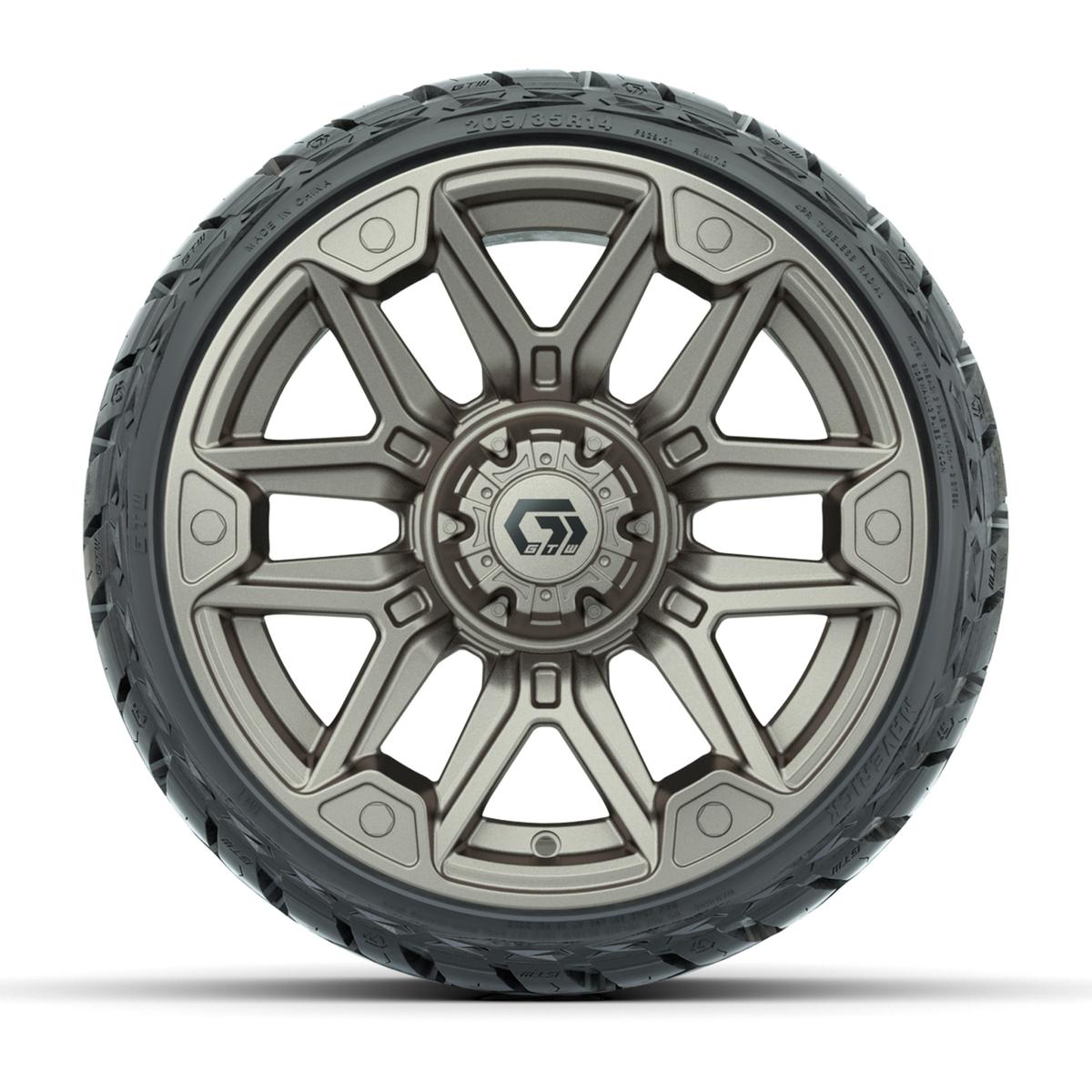 GTW Graffiti Satin Bronze/Black 14 in Wheels with 205/35-R14 Maverick Low-Profile All-Terrain Tires – Full Set