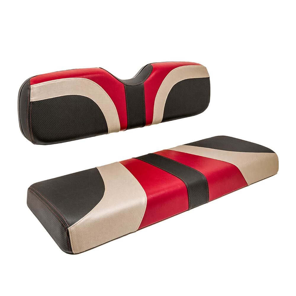 RedDot&reg; Blade Front Seat Covers for EZGO TXT/T48/RXV – Garnet / Champagne / Black Carbon Fiber