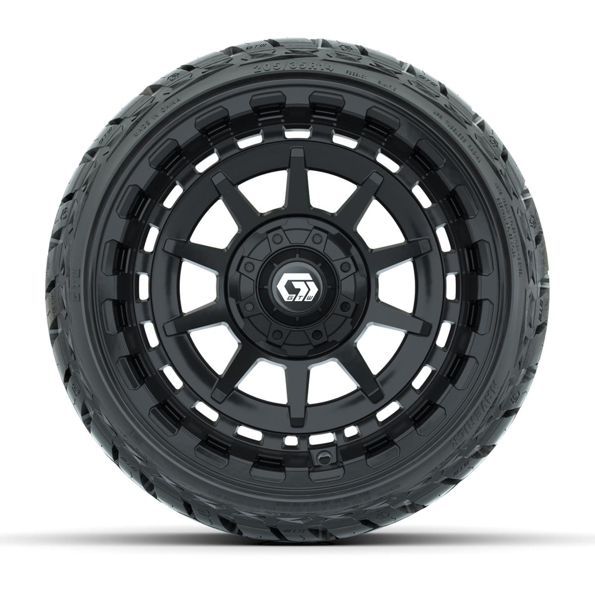 GTW Barricade Gloss Black 14 in Wheels with 205/35-R14 Maverick Low-Profile All-Terrain Tires – Full Set