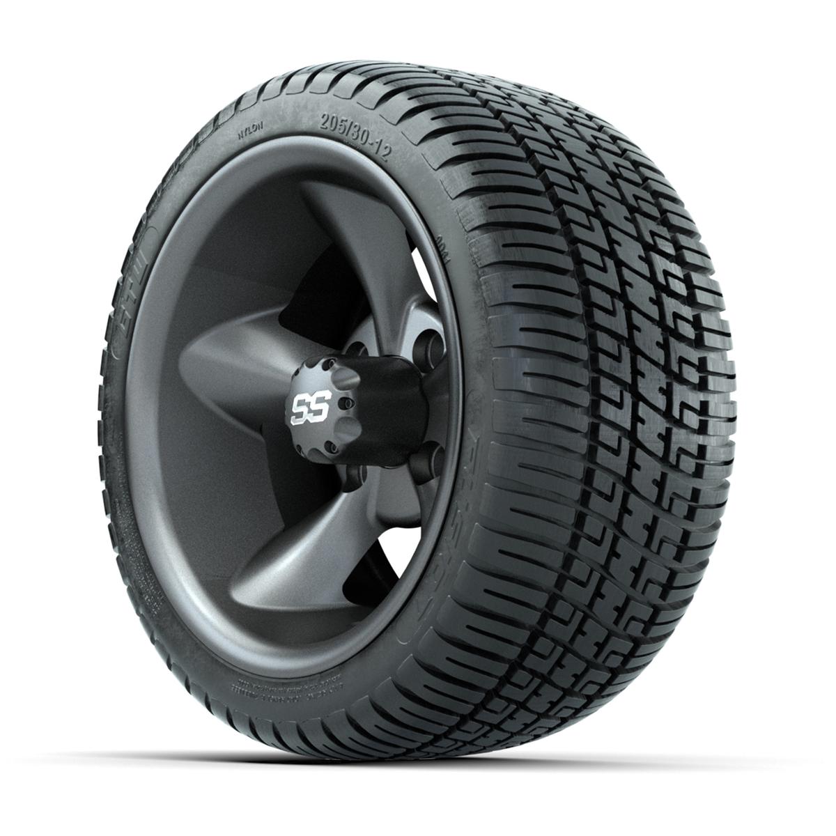 GTW&reg; Godfather Matte Gray 12 in Wheels with 205/30-12 Fusion Street Tires – Full Set