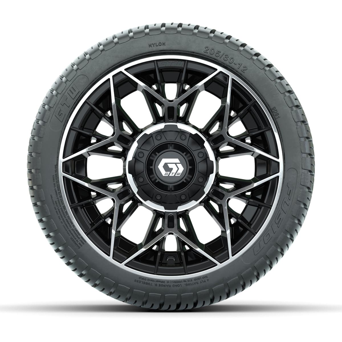 GTW&reg; Stellar Black/Machined 12 in Wheels with 205/30-12 Fusion Street Tires – Full Set