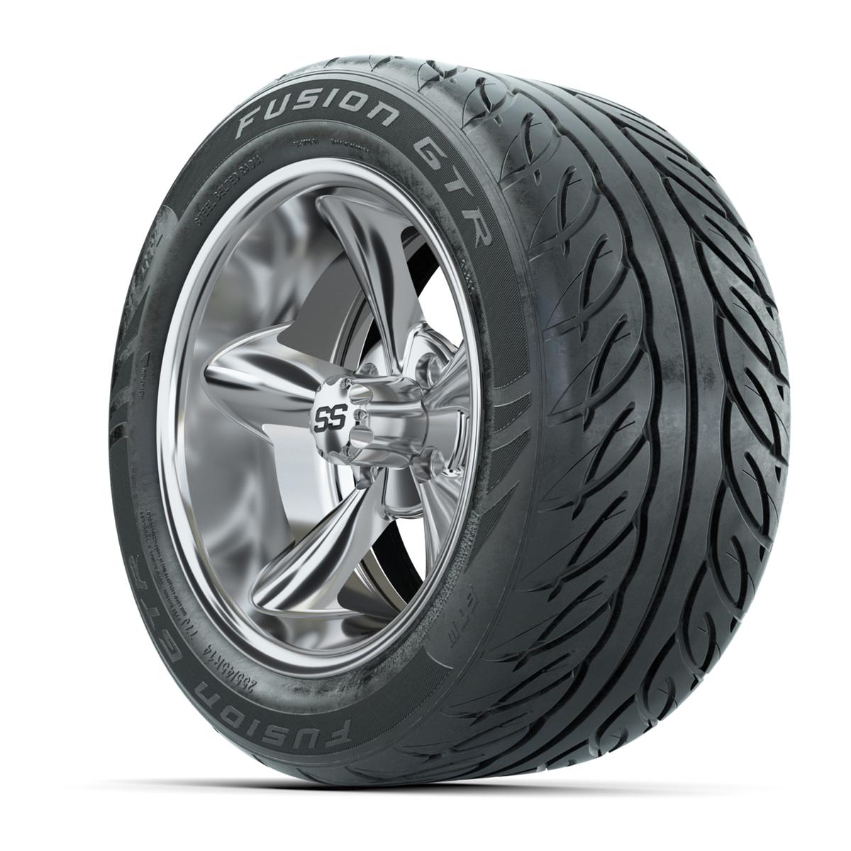 GTW&reg; Godfather Chrome 14 in Wheels with 255/45-R14 Fusion GTR Steel Belt Radial Street Tires – Full Set