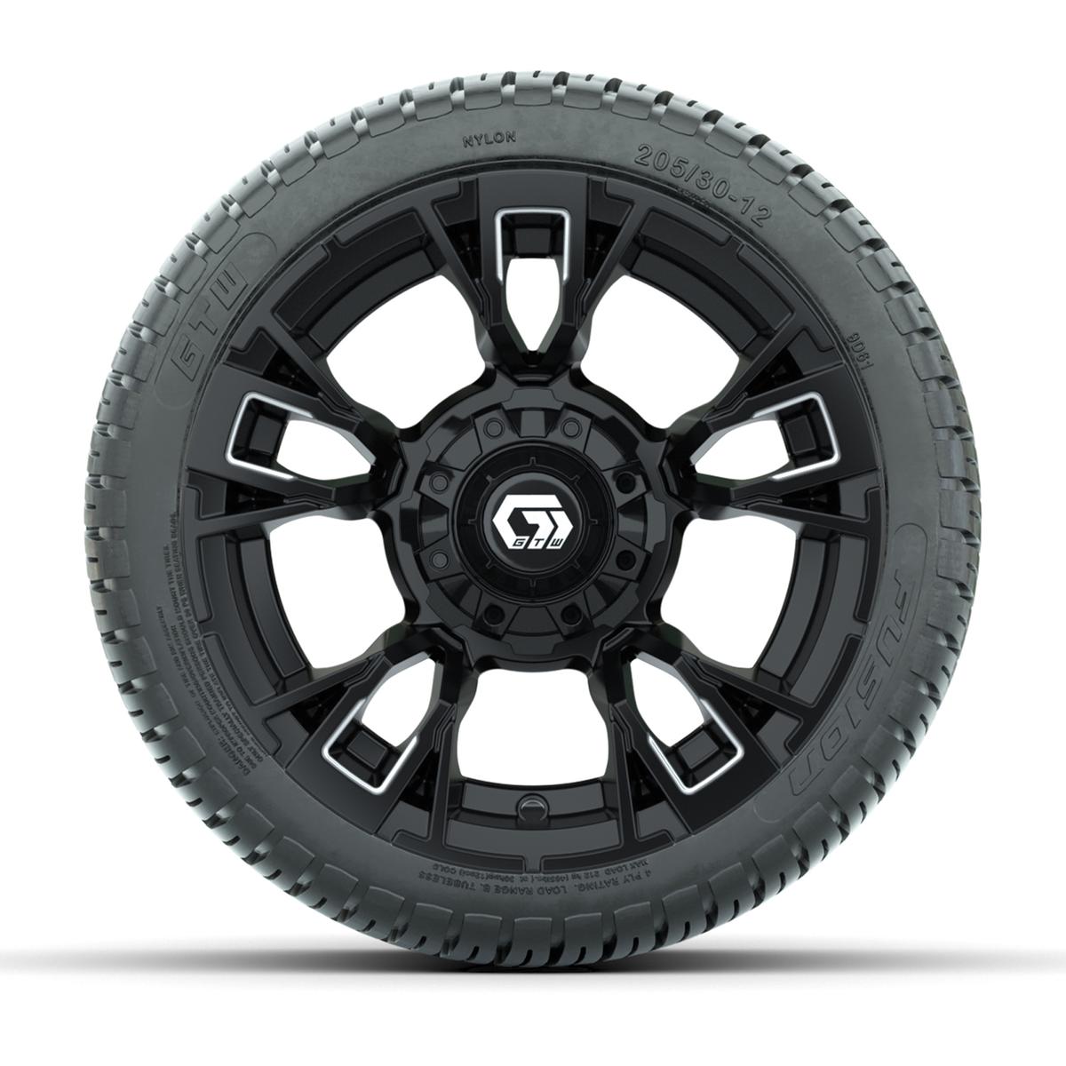 GTW&reg; Vandal Matte Black/Machined 12 in Wheels with 205/30-12 Fusion Street Tires – Full Set