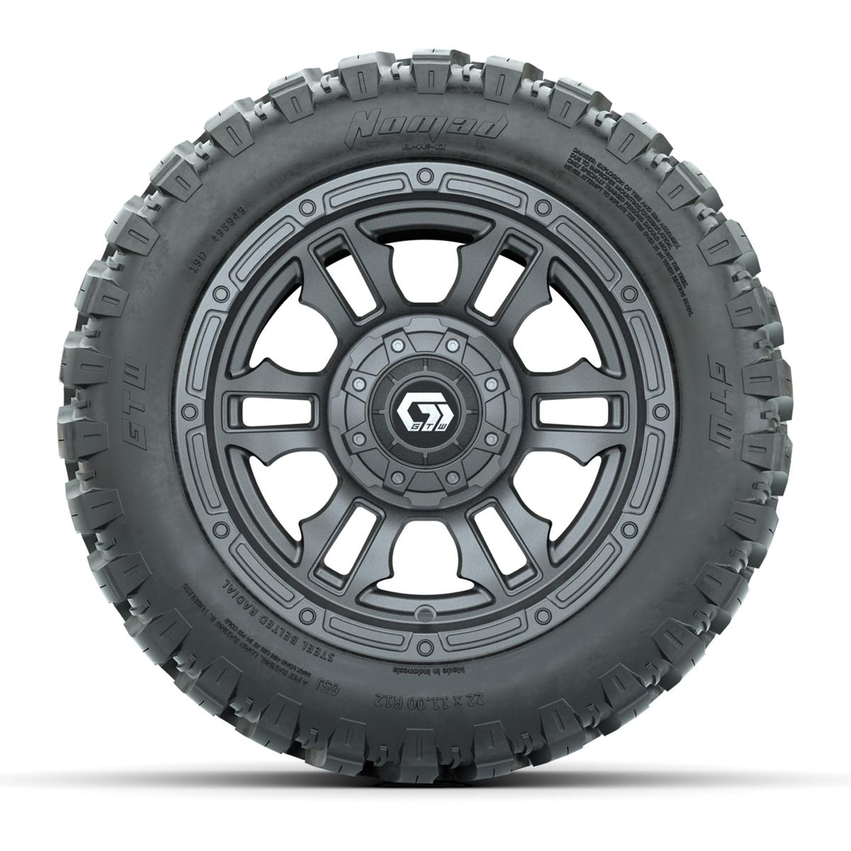 GTW&reg; Shogun Gunmetal 12 in Wheels with 22X11-R12 Nomad Steel Belt Radial All-Terrain Tires – Full Set