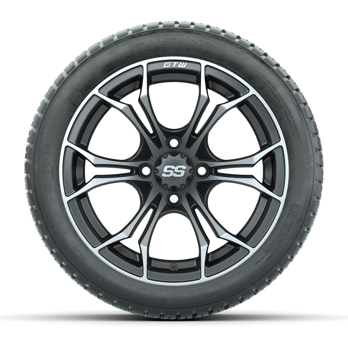 GTW&reg; Spyder Matte Gray/Machined 14 in Wheels with 205/30-R14 Fusion Street Tires – Full Set