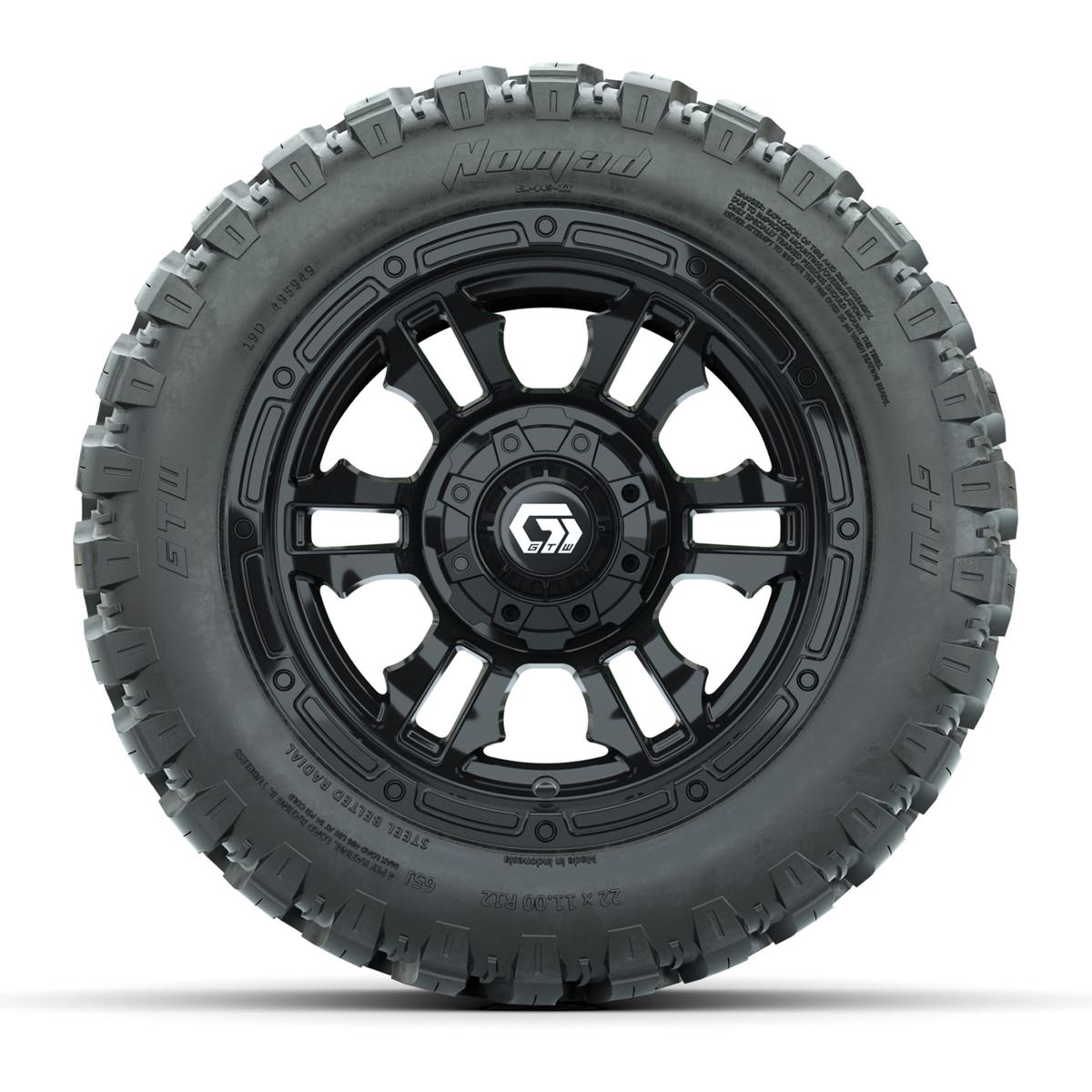 GTW&reg; Shogun Gloss Black 12 in Wheels with 22X11-R12 Nomad Steel Belt Radial All-Terrain Tires – Full Set