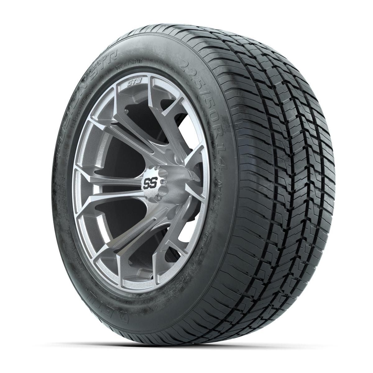 GTW&reg; Spyder Matte Silver and Machined 14 in Wheels with 255/50-R14 Fusion STR DOT Approved Street Tires - Full Set