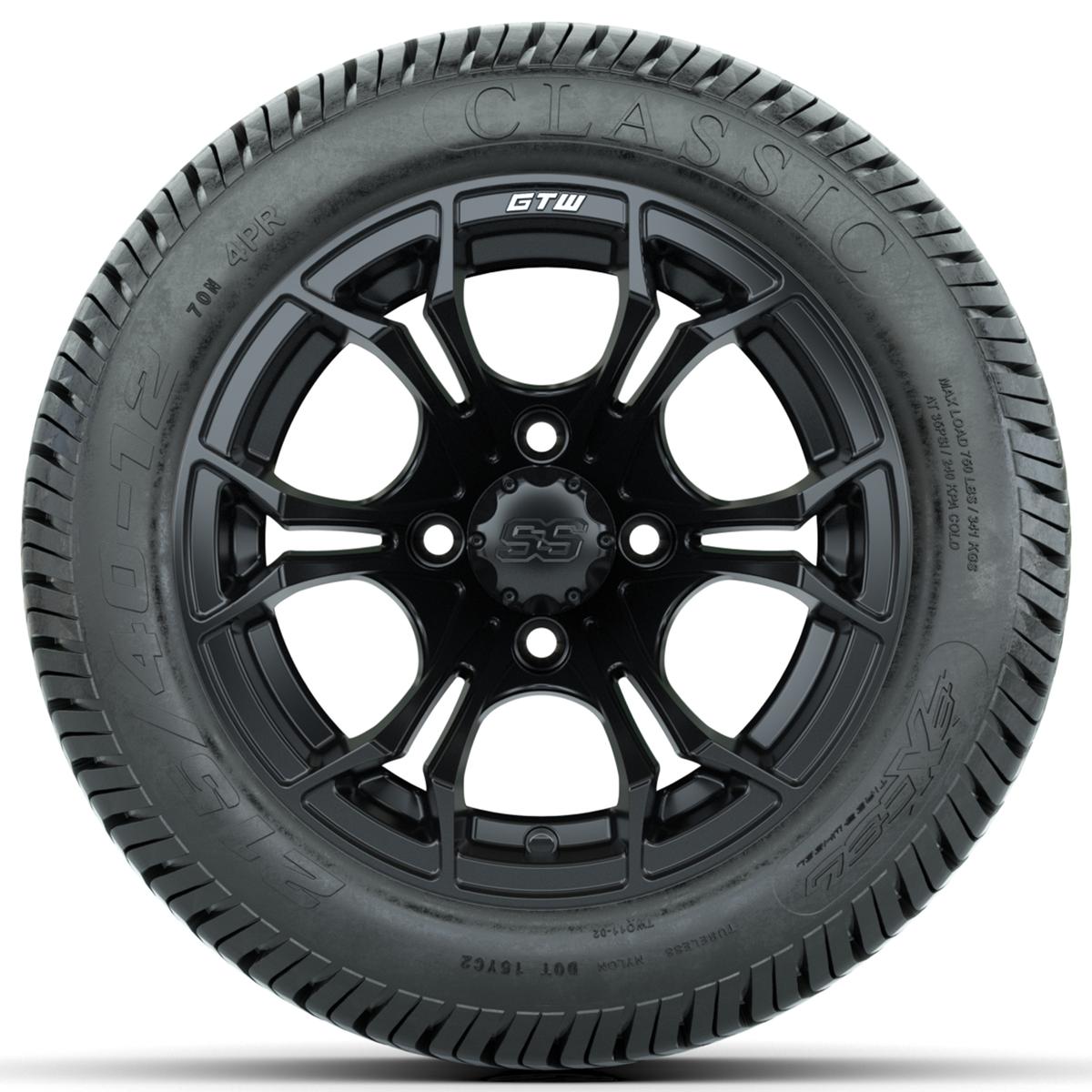 GTW Spyder Matte Black 12 in Wheels with 215/40-12 Excel Classic Street Tires – Full Set