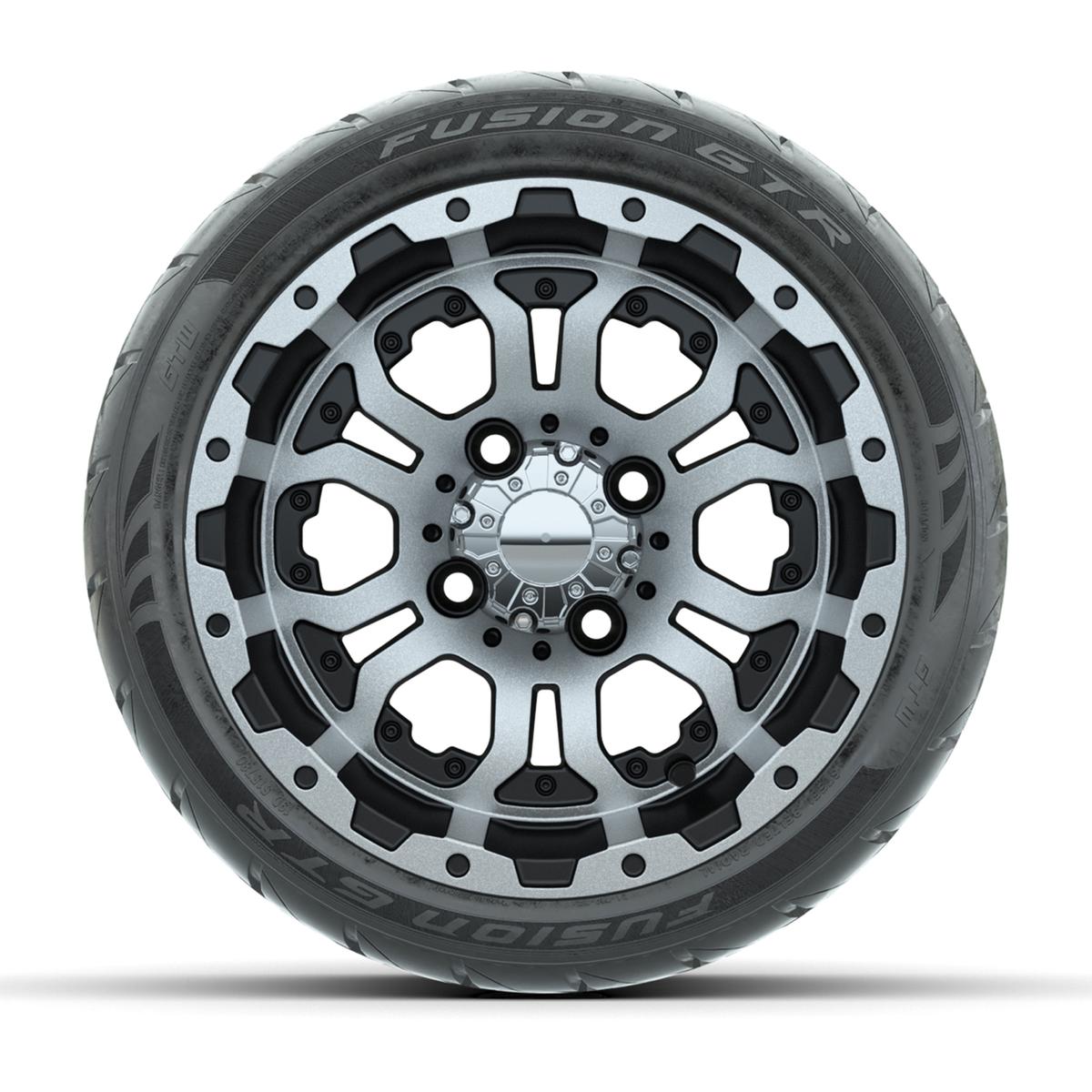 GTW&reg; Omega Black/Machined 12 in Wheels with 215/40-R12 Fusion GTR Steel Belt Radial Street Tires – Full Set